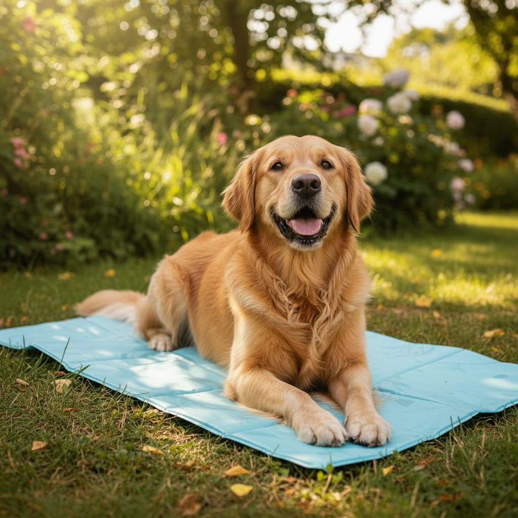 Golden retriever sul tappetino rinfrescante